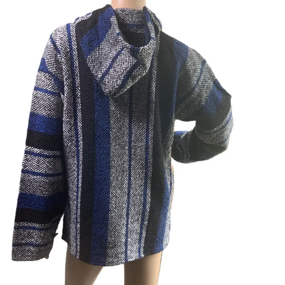 Roxy Blue Striped Hooded Drawstring Baja Sweater Indie Aesthetic Unisex Size Med
